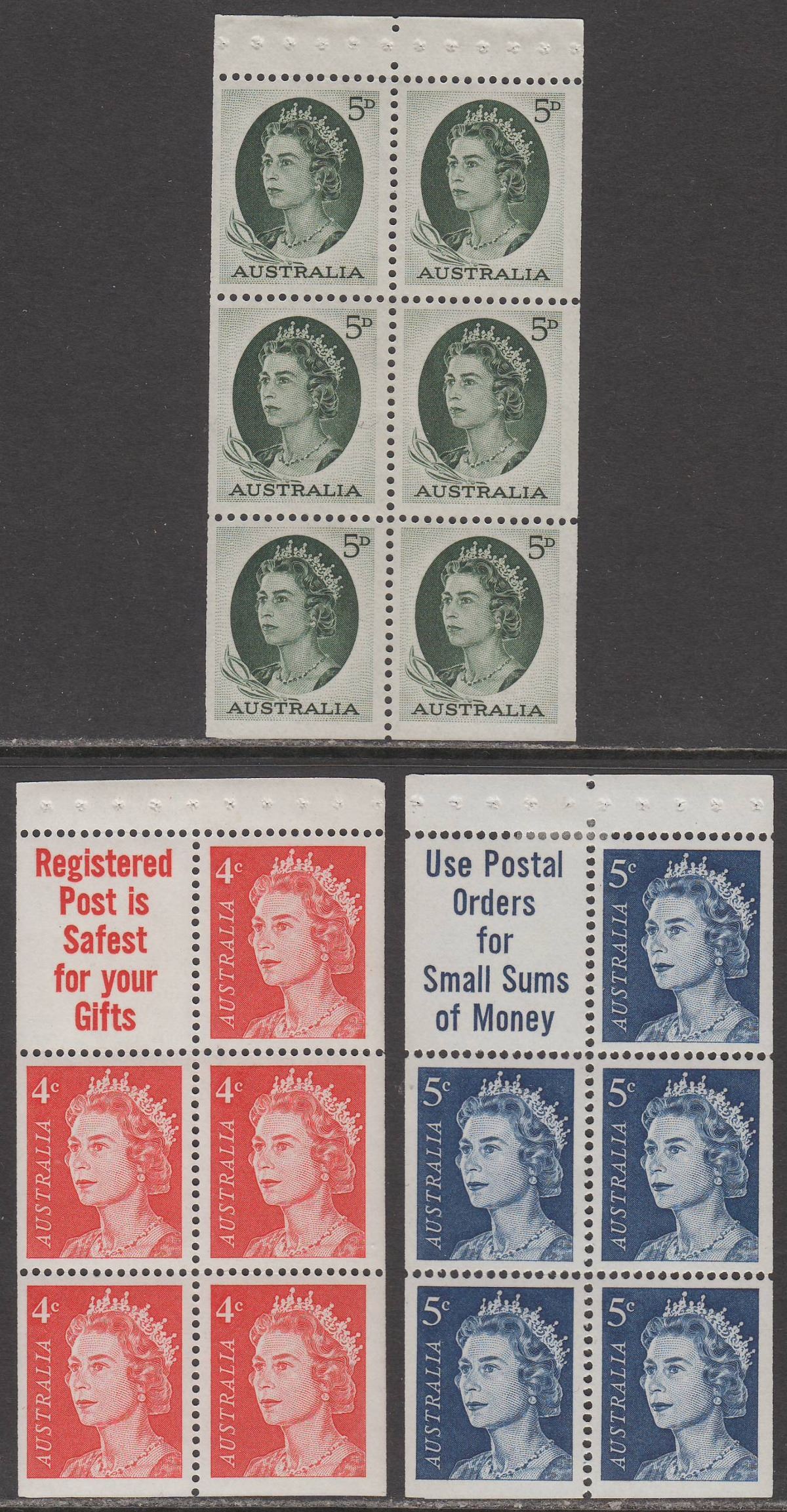Australia 1963-67 QEII 5d, 4c, 5c Booklet Panes Mint SG354a SG385a-386ca cat £46