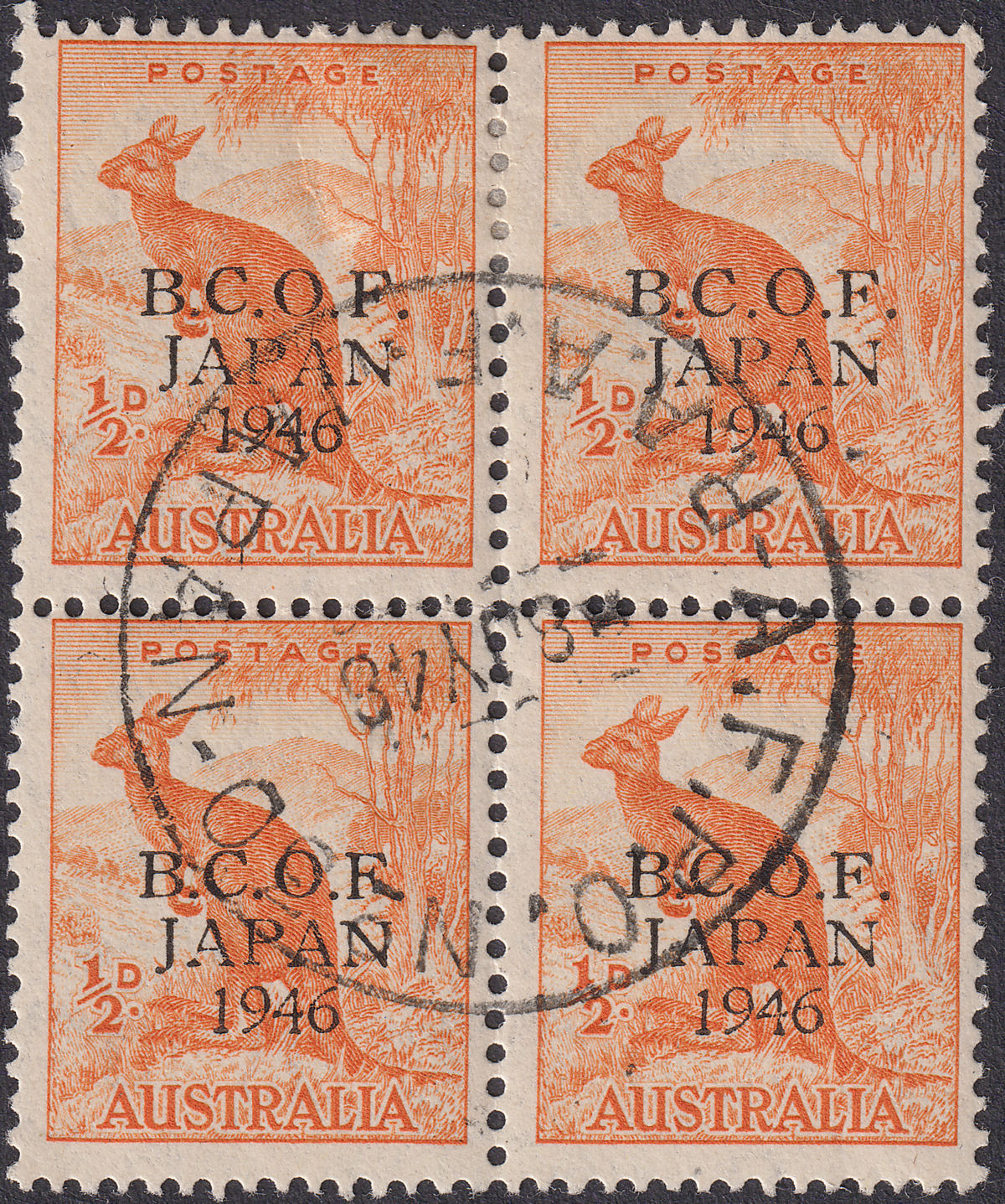 Australia 1946 KGVI BCOF Japan ½d Orange Overprint Block of 4 Used SG J1 cat £56