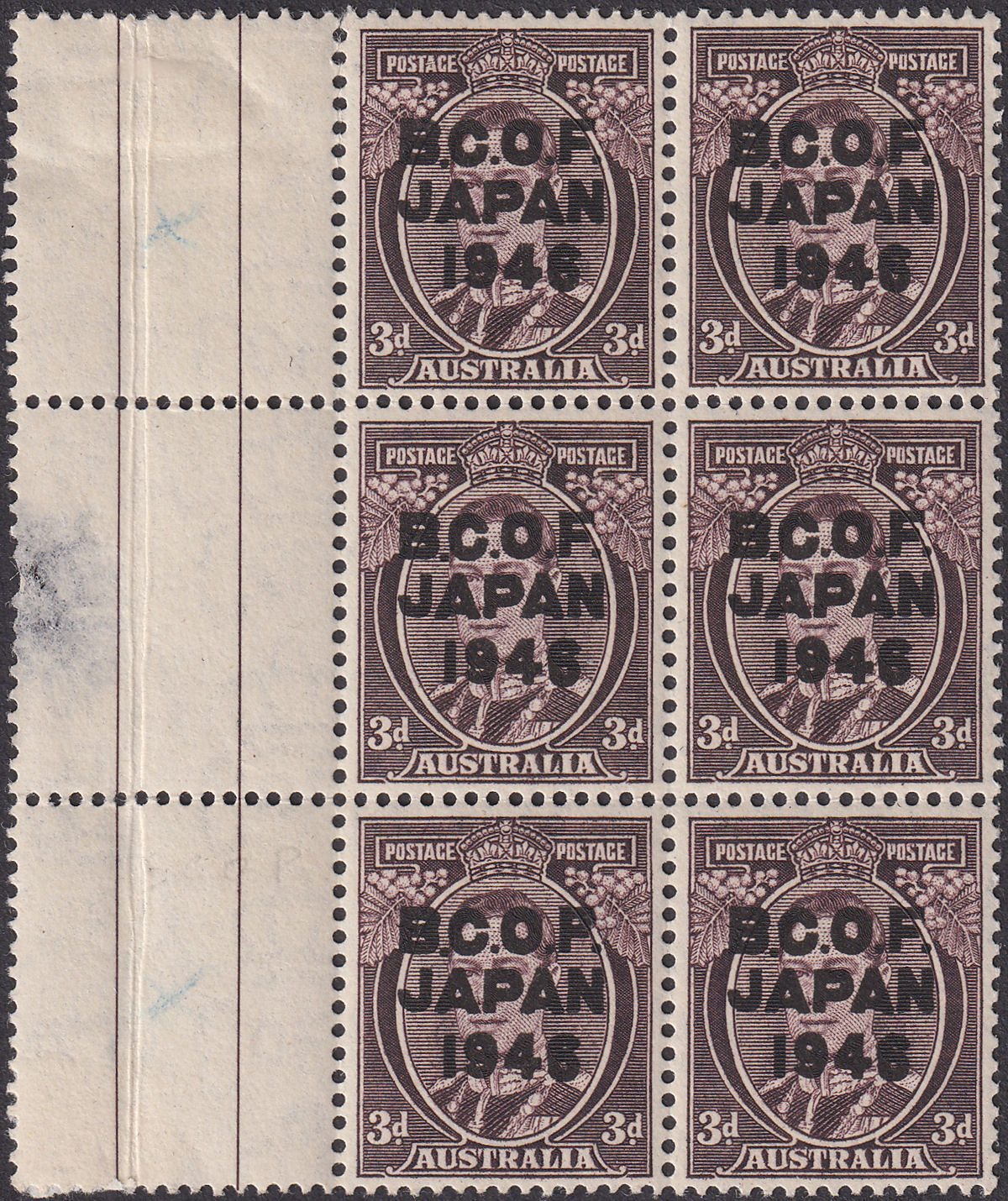 Australia 1946 KGVI BCOF Japan Overprint 3d Block of 6 Mint SG J3 cat £24