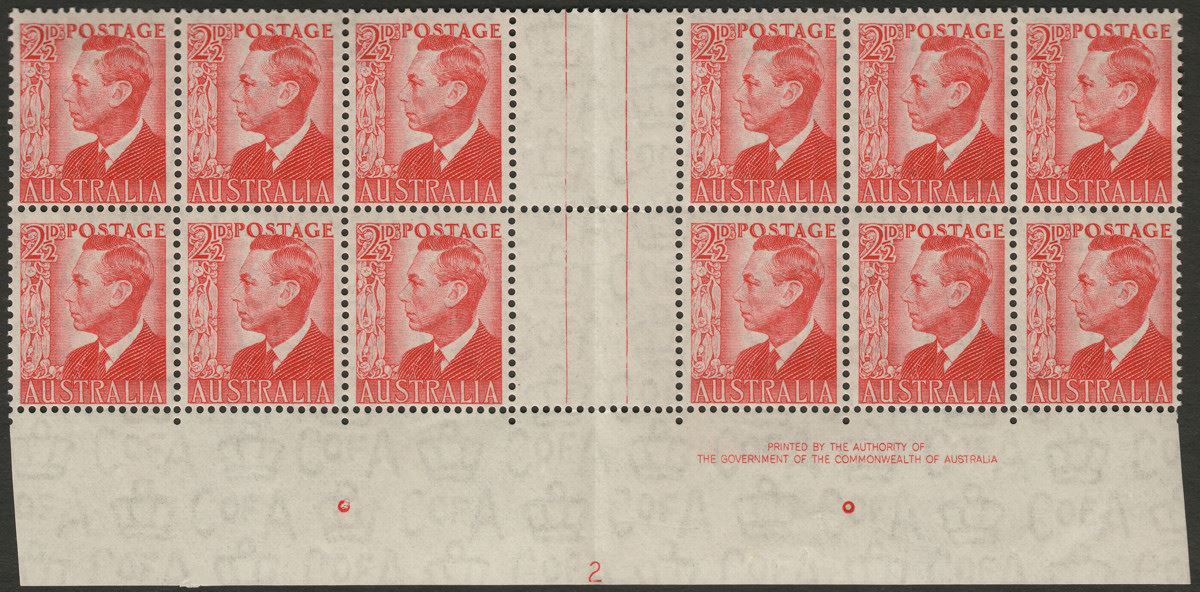 Australia 1950 KGVI 2½ Scarlet Imprint Block of 12 with complete Plate 2 BW 249z