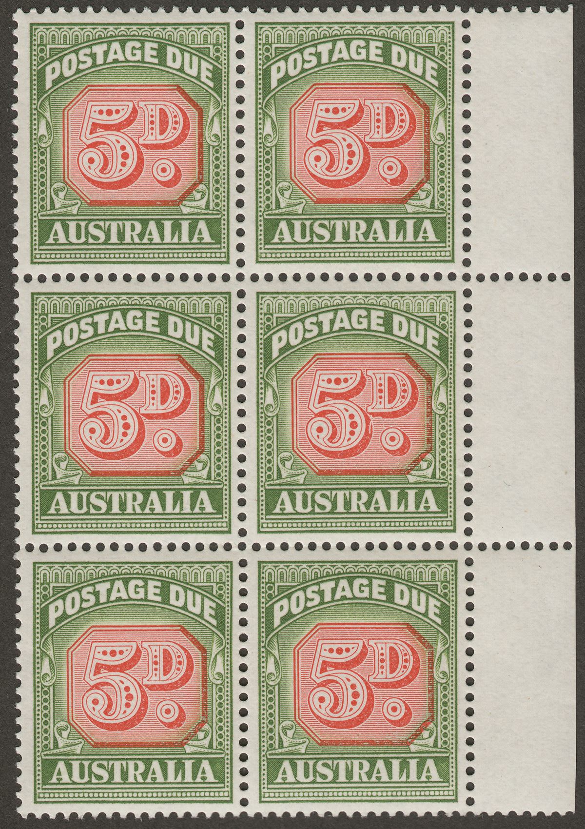 Australia 1959 QEII Postage Due 5d Die II Mint Block w Scratch Variety SG D136a