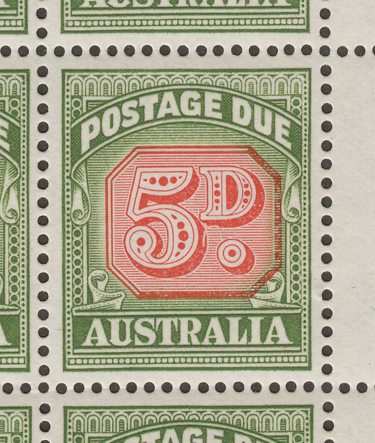 Australia 1959 QEII Postage Due 5d Die II Mint Block w Scratch Variety SG D136a