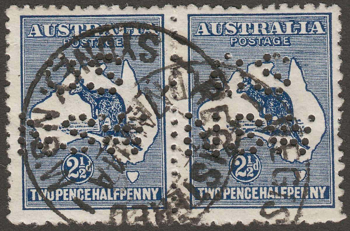 Australia 1914 Official Roo 2½d Indigo Pair Perf OS NSW Used