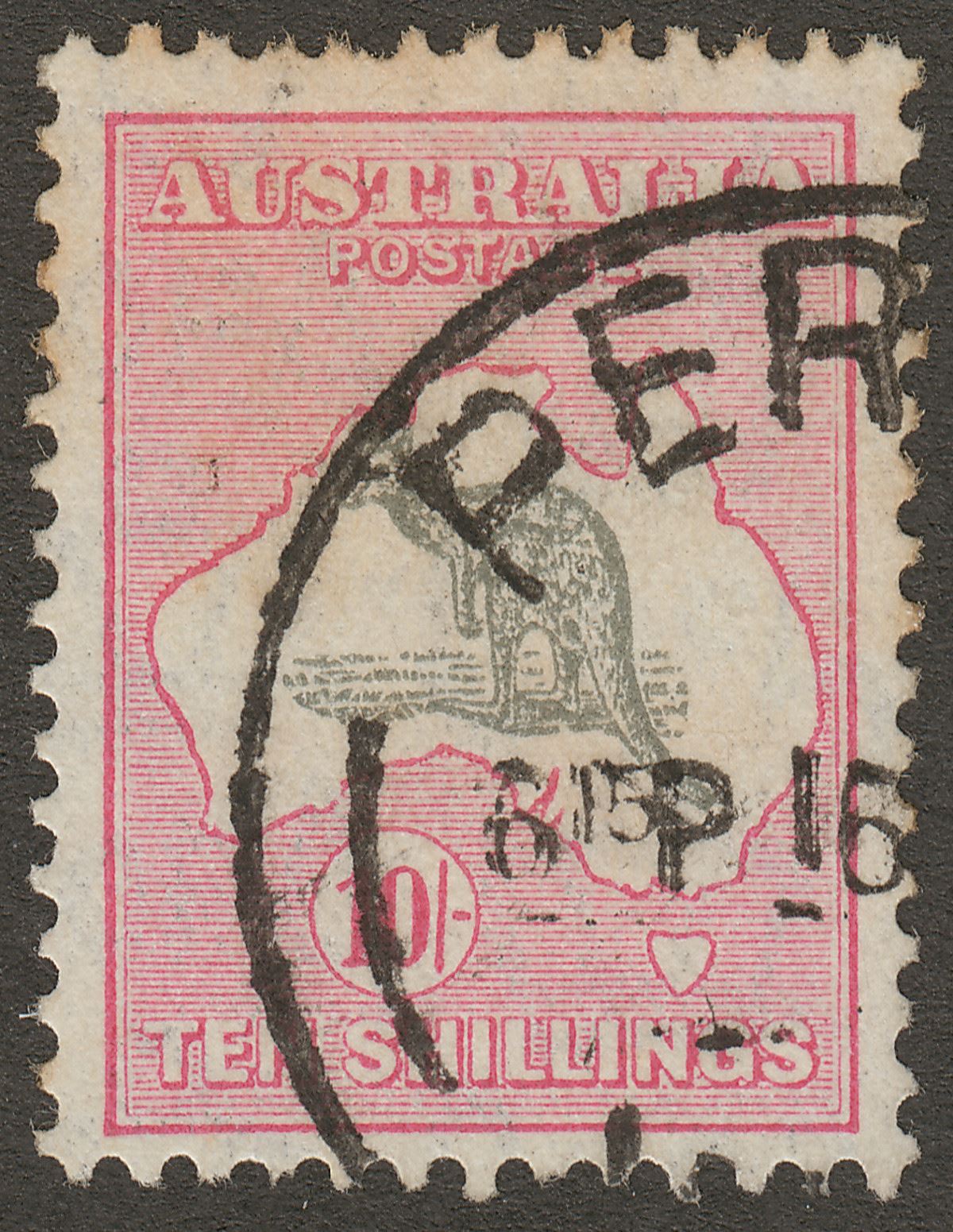 Australia 1932 KGV Roo 10sh Grey and Pink wmk CofA Used SG136 cat £150 w tones