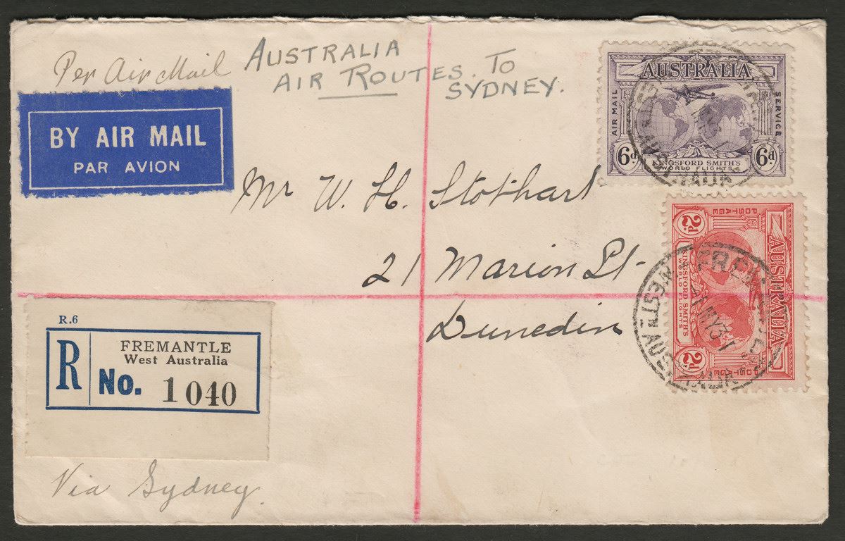 Australia 1931 KGV Kingsford Smith 6d + 2d Used on Airmail Cover Fremantle - NZ