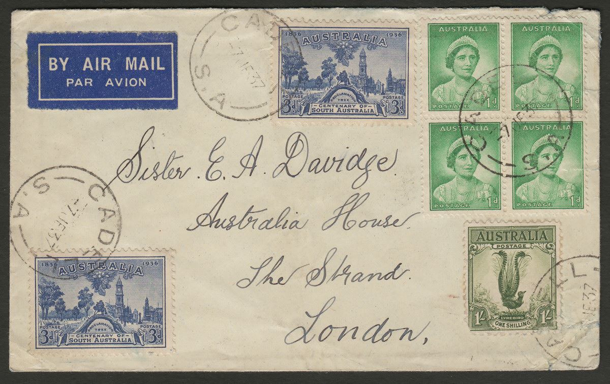 Australia 1937 KGVI Multi Stamp Airmail Cover to UK inc SA 3d and 1sh Lyrebird