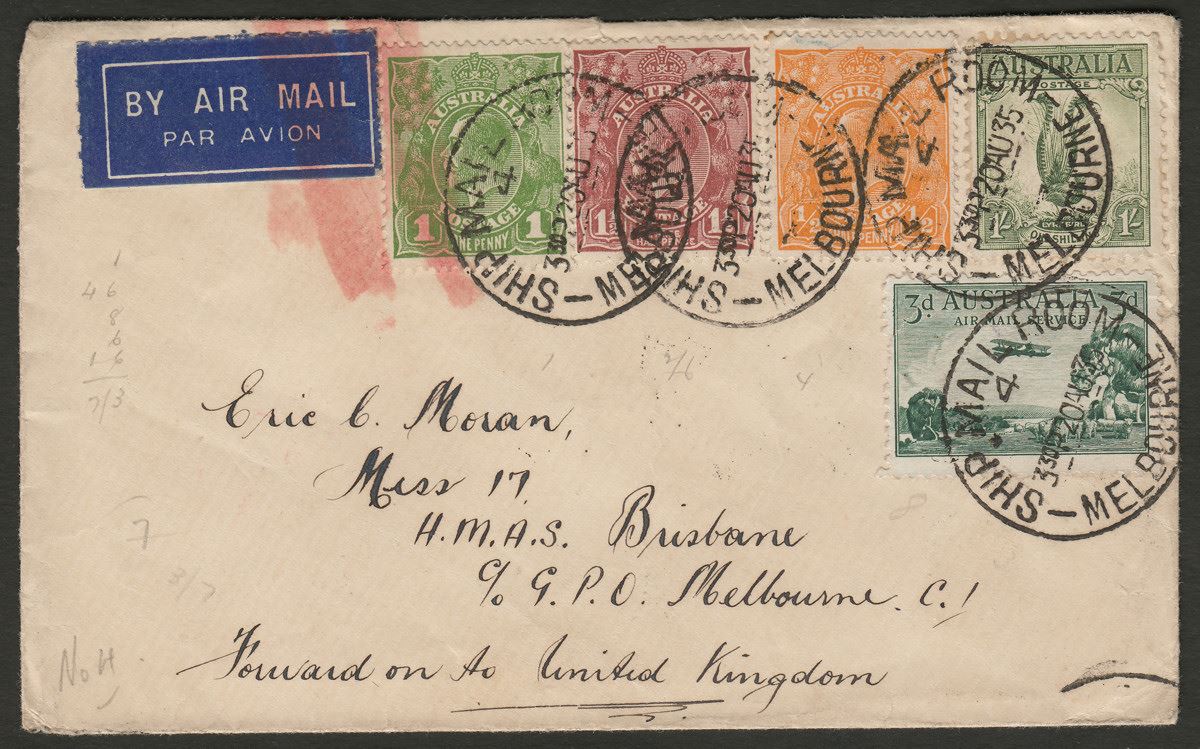 Australia 1935 KGV Multi Stamp Airmail Cover to UK w 1sh Lyrebird + Jusqu'a Mark