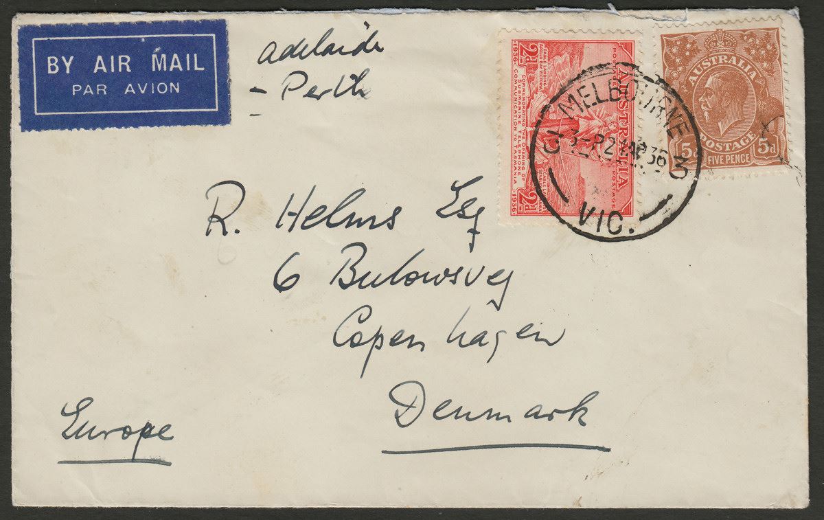 Australia 1936 KGV Cable 2d and Head 5d Used on Airmail Cover to Denmark