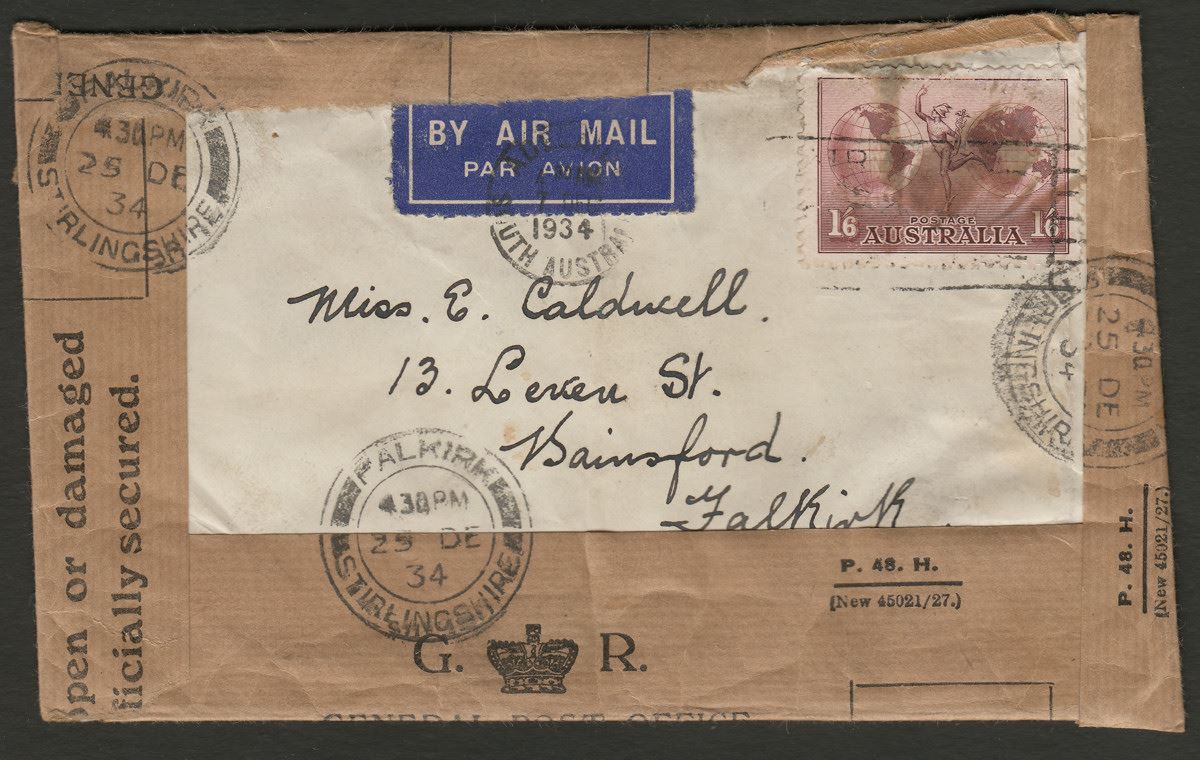 Australia 1934 KGV Hermes 1sh6d p11 Used on Airmail Cover to UK Found Open Tape