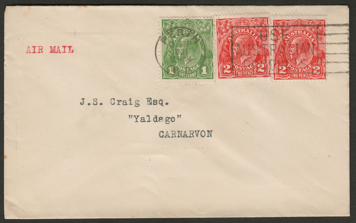 Australia 1931 KGV Head 1d and 2d x2 Used on Airmail Cover Perth to Carnarvon