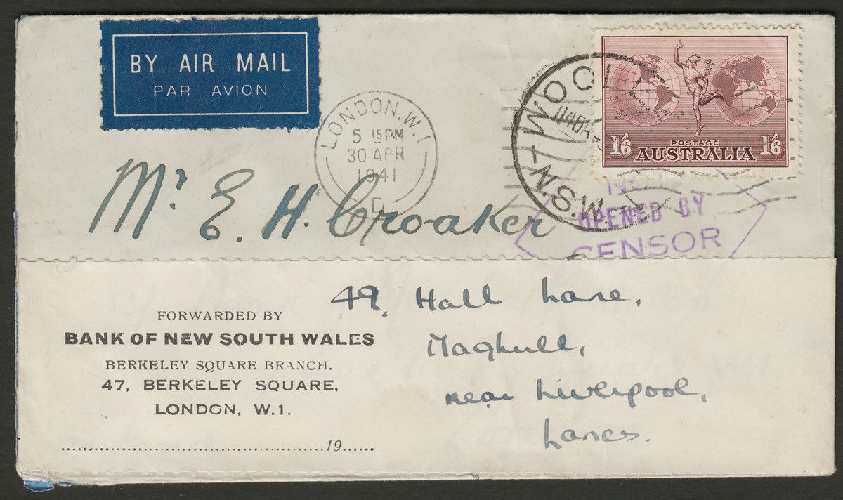 Australia 1941 KGVI Hermes 1sh6d p13½x14 on Airmail Censor Cover - UK Redirected