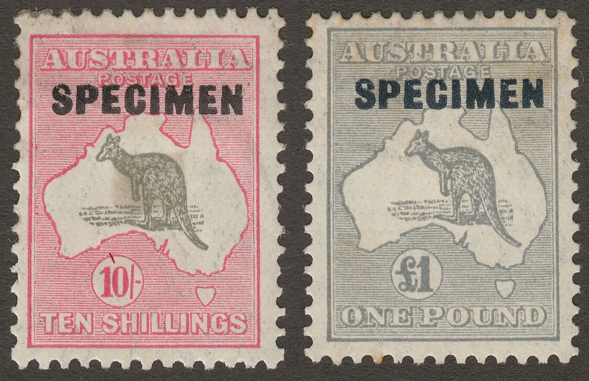 Australia 1932 KGV Roo 10sh and £1 SPECIMEN Overprints SG136s SG137s with faults
