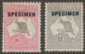 Click for more photos and details Australia 1932 KGV Roo 10sh and £1 SPECIMEN Overprints SG136s SG137s with faults