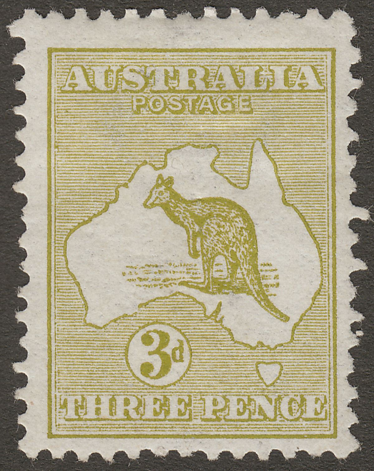 Australia 1913 KGV Roo 3d Yellow-Olive Die I wmk Wide Crown Mint SG5c cat £85