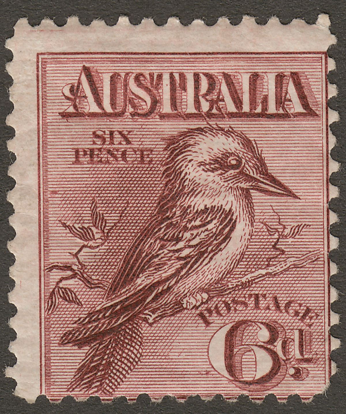 Australia 1913 KGV Kookaburra 6d Claret Mint SG19 cat £75 off centre short corn