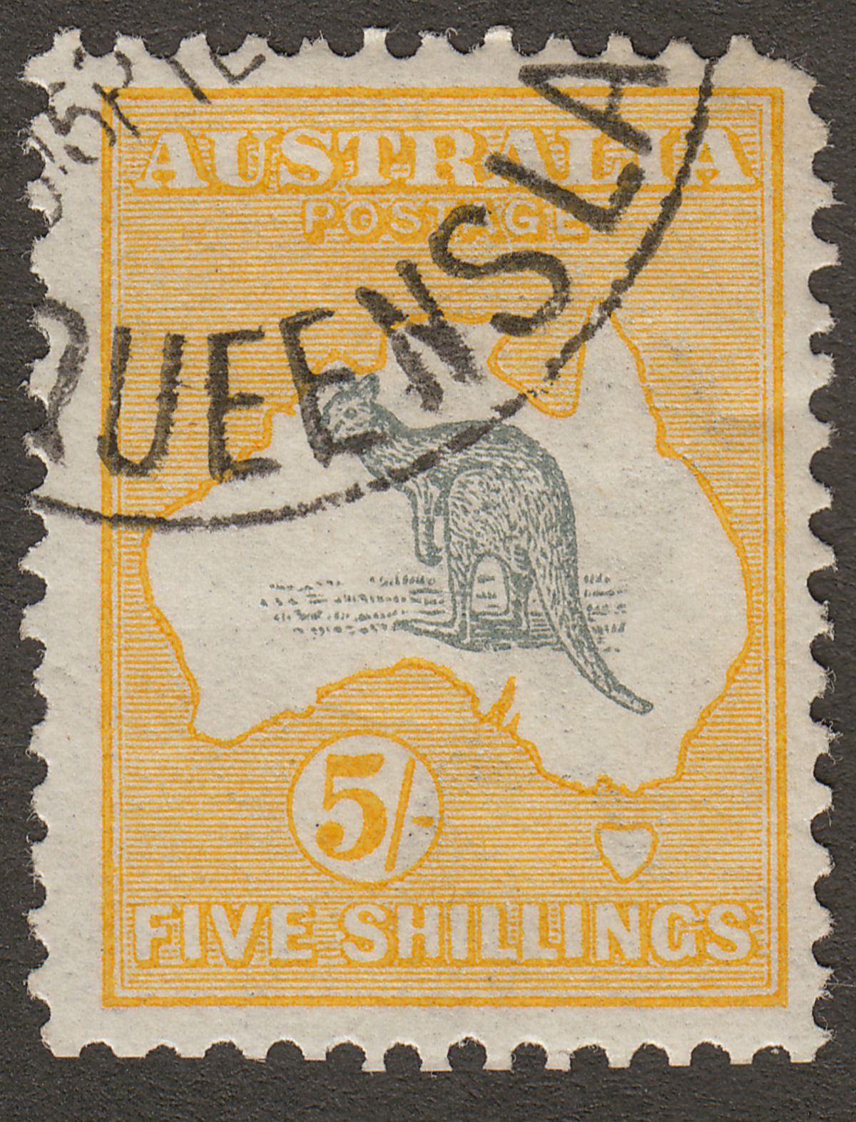 Australia 1913 KGV Roo 5sh Grey and Yellow wmk Wide Crown Used SG13 cat £200