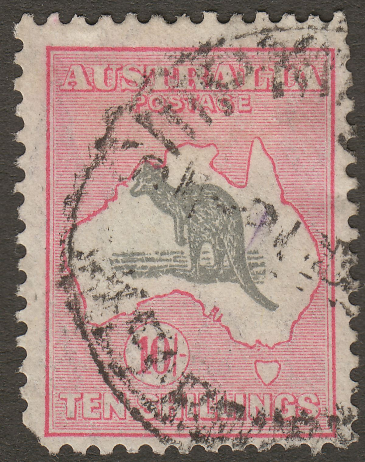 Australia 1932 KGV Roo 10sh Grey and Pink wmk CofA Used SG136 cat £150 short cor