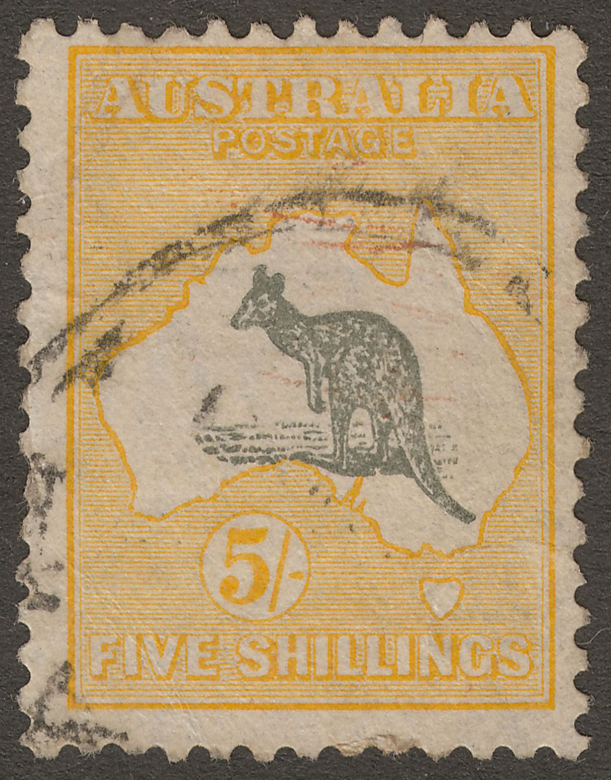 Australia 1929 KGV Roo 5sh Grey and Yellow wmk Small Multi Used SG111 cat £110