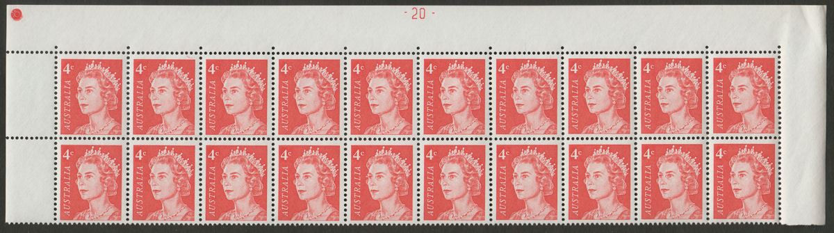 Australia 1966 QEII 4c Red Upper Marginal Plate No -20- Block of 20 Mint SG385