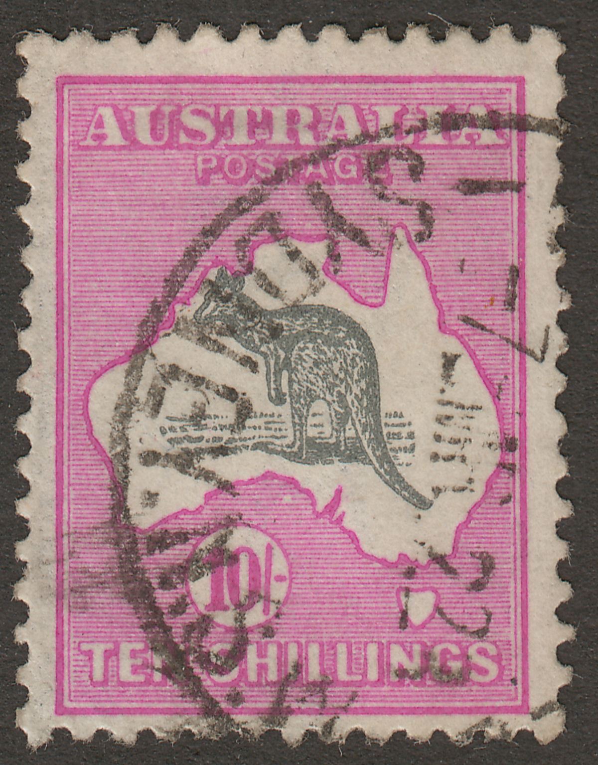 Australia 1918 KGV Roo 10sh Grey + Aniline Pink wmk Narrow Crown Used SG43a £325