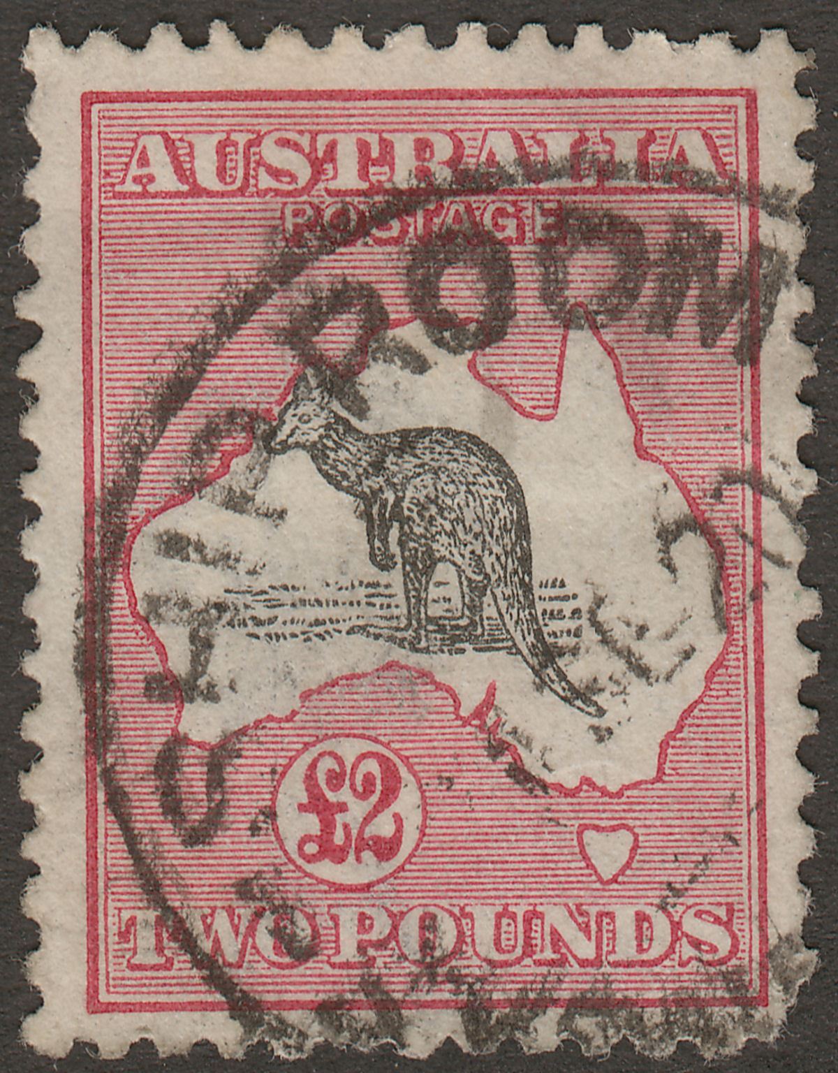 Australia 1919 KGV Roo £2 Black + Rose Narrow Crown Used SG45 cat £3250 sh corn