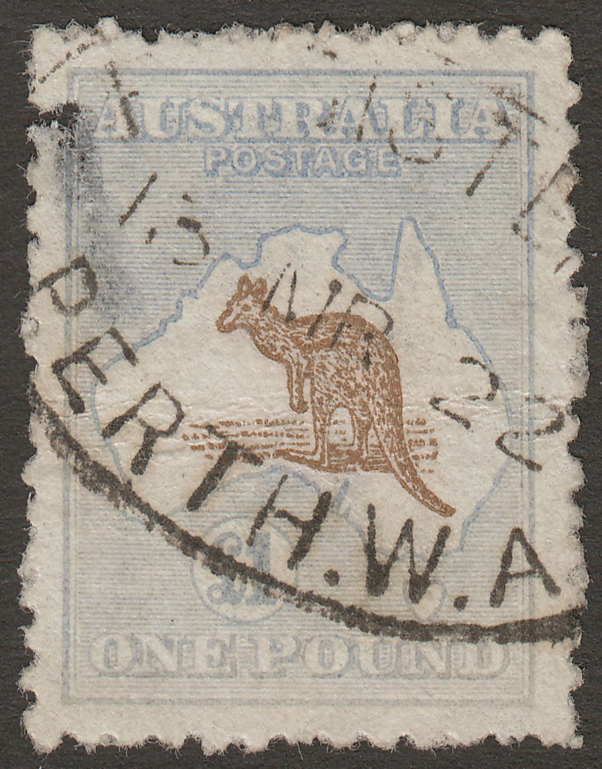 Australia 1916 KGV Roo £1 Brown + Pale Blue Used SG44 cat £1600 Faulty with hole