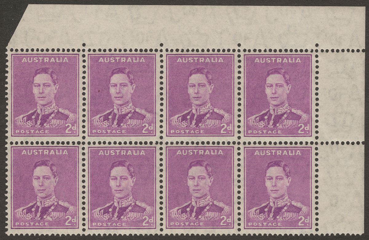 Australia 1941 KGVI 2d Bright Purple Block of 8 w Medal Flaw Mint SG185b cat £85