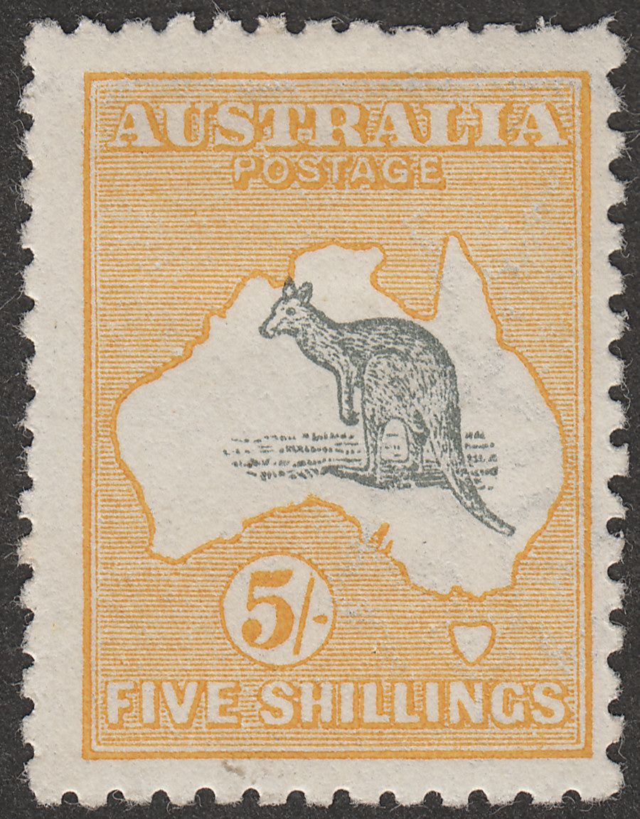 Australia 1915 KGV Roo 5sh Grey and Yellow wmk Pointed Crown Inverted Mint SG30w