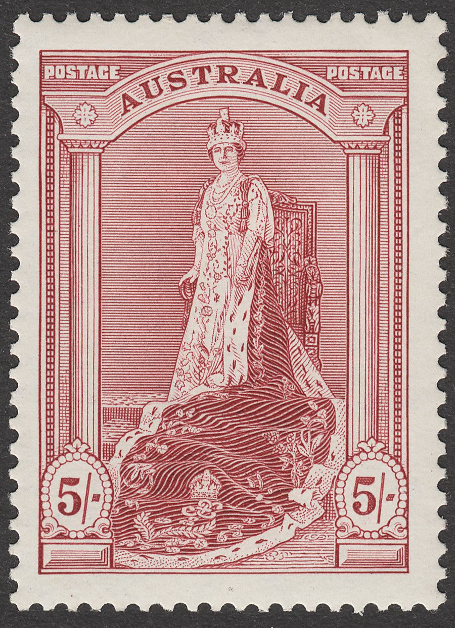 Australia 1937 KGVI Robes 5sh Claret on Chalky Paper Mint SG176