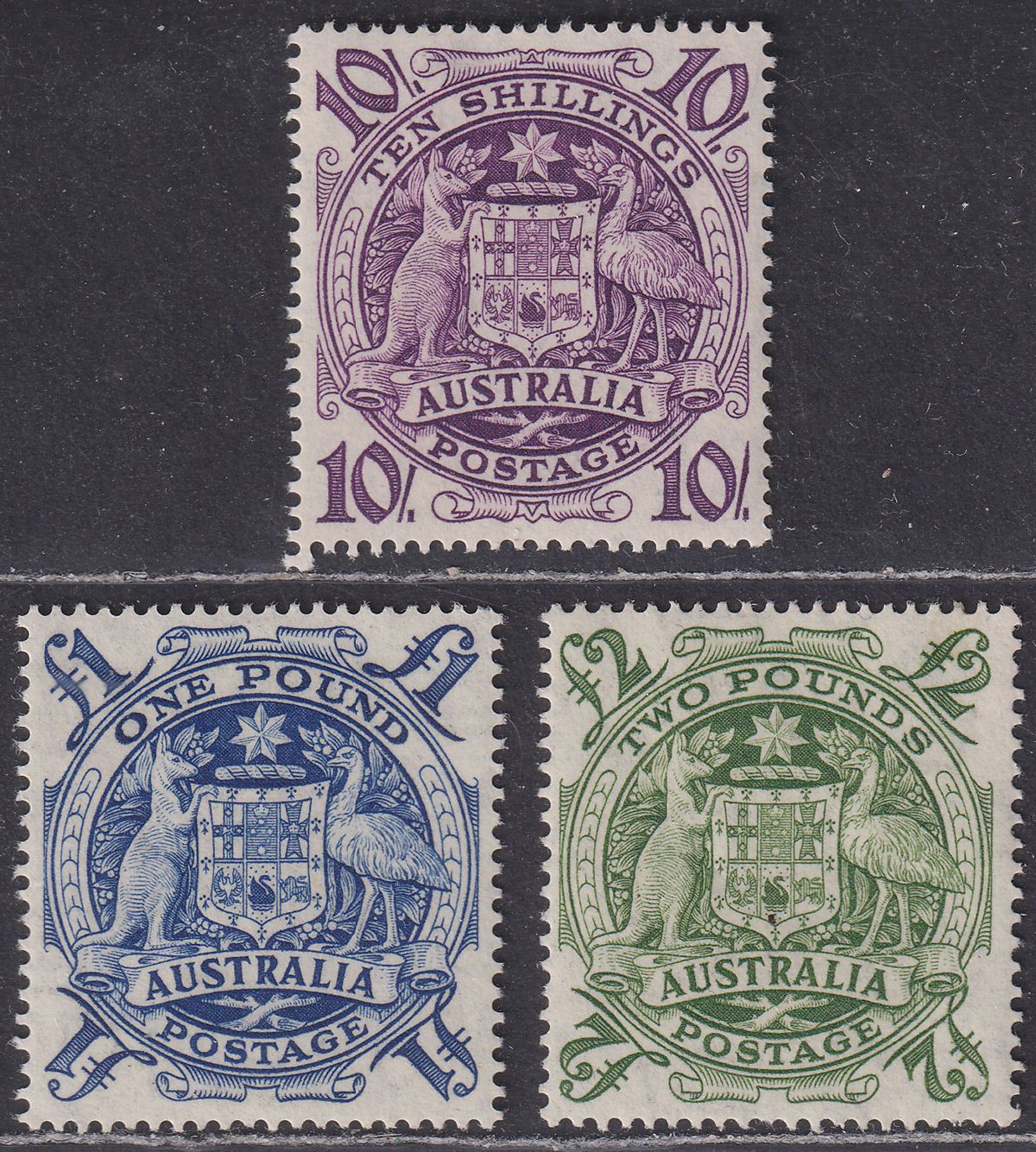 Australia 1949-50 KGVI Coat of Arms 10sh, £1, £2 Mint SG224b-224d cat £140