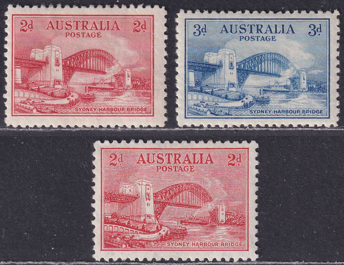 Australia 1932 KGV Sydney Harbour Bridge 2d, 3d p11, 2d p10½ Mint cat £24