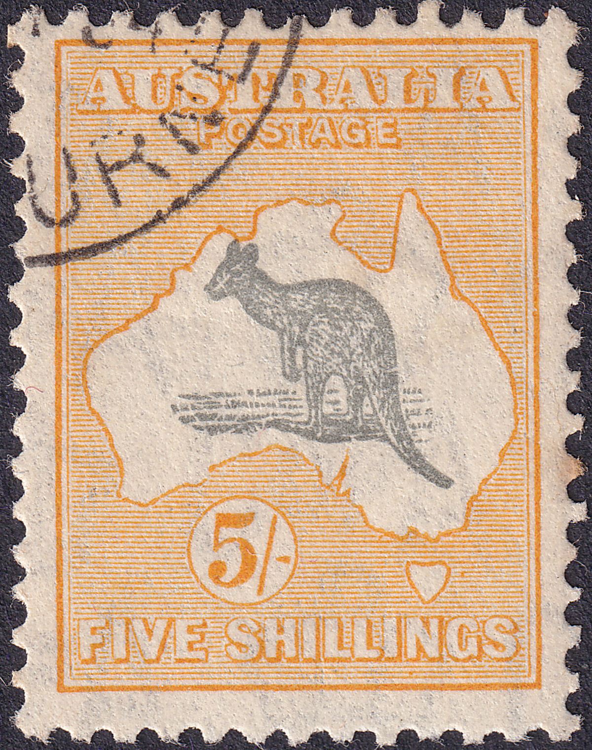 Australia 1932 KGV Roo 5sh Grey and Yellow wmk CofA CTO Used SG135 cat £25