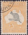 Click for more photos and details Australia 1932 KGV Roo 5sh Grey and Yellow wmk CofA CTO Used SG135 cat £25