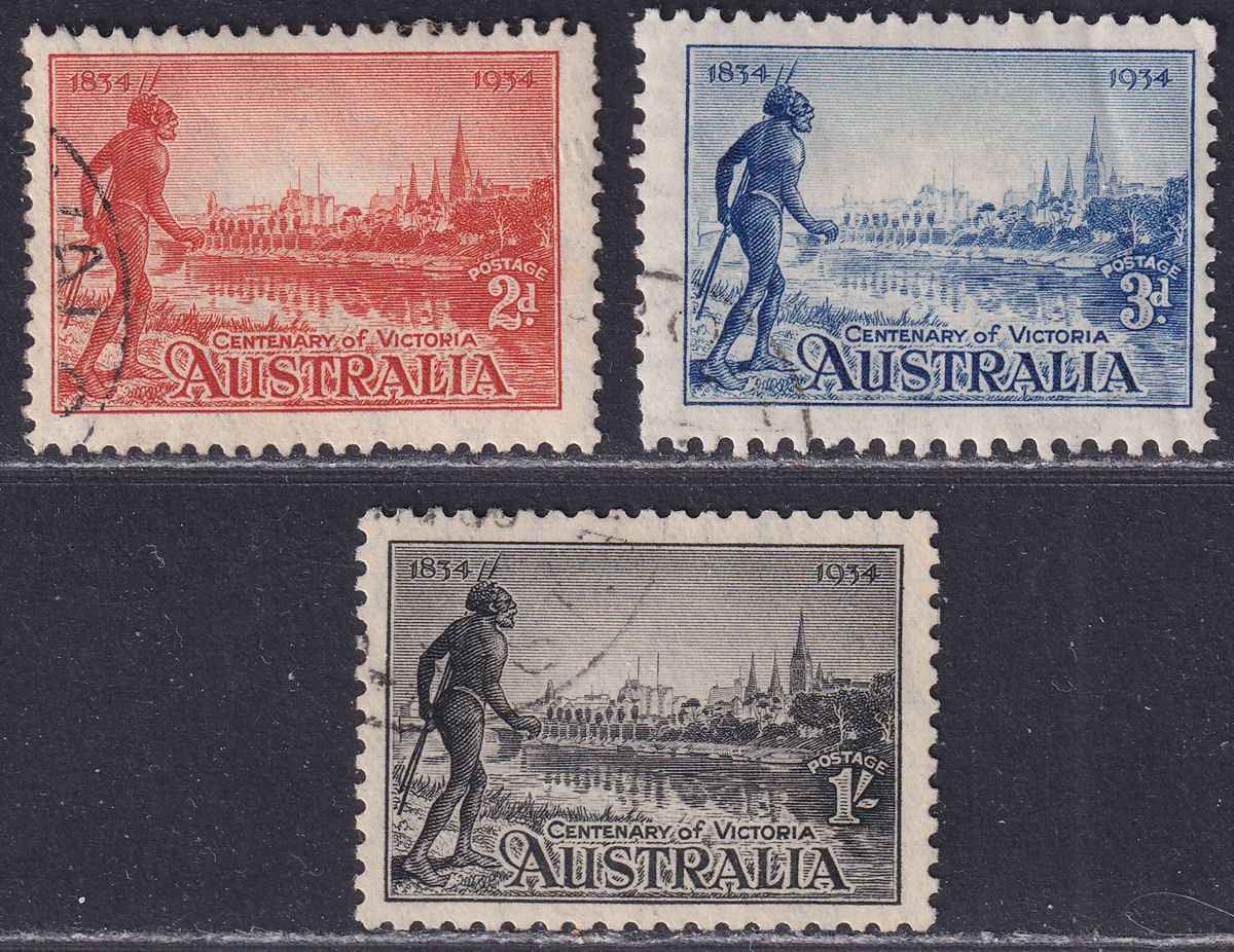 Australia 1934 KGV Centenary of Victoria 2d, 3d, 1sh Used mixed perfs
