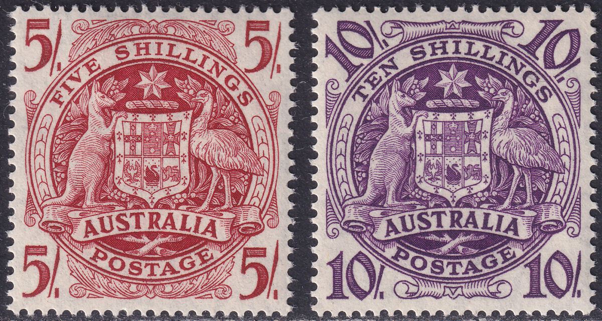 Australia 1949 KGVI Commonweath Coat of Arms 5sh, 10sh Mint SG224a-224b