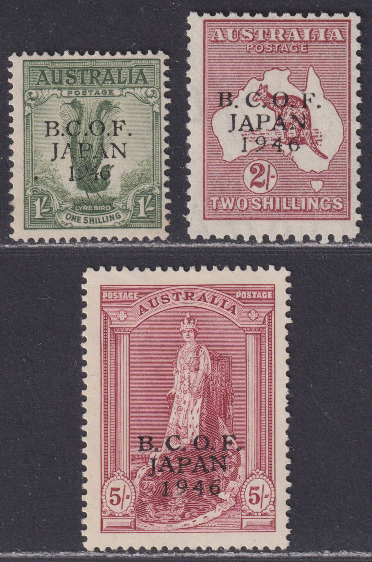 Australia 1946-47 KGVI BCOF Japan Overprint 1sh, 2sh, 5sh Mint SG J5-J7 cat £200