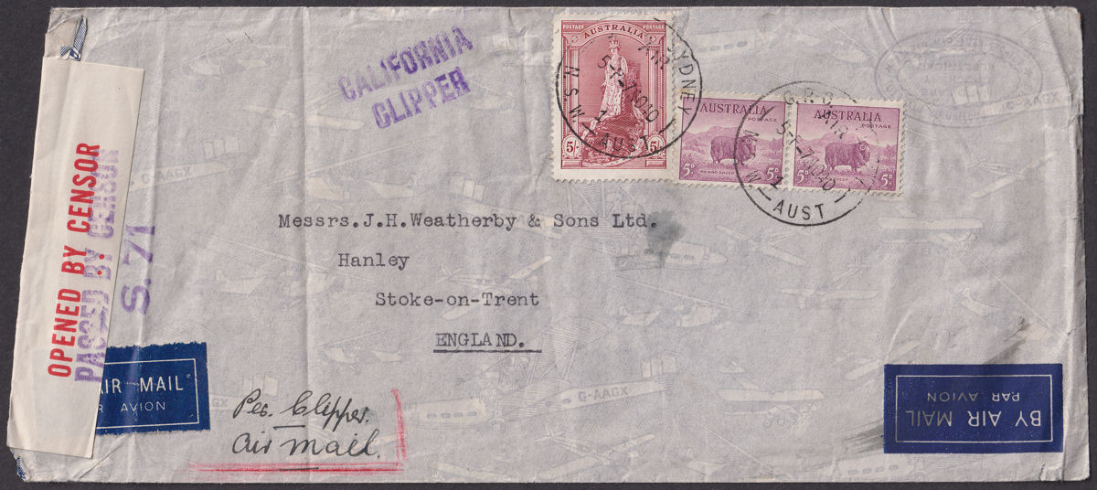 Australia 1940 KGVI 5sh, 5d x2 Used on Airmail Cover to UK with Censor Label