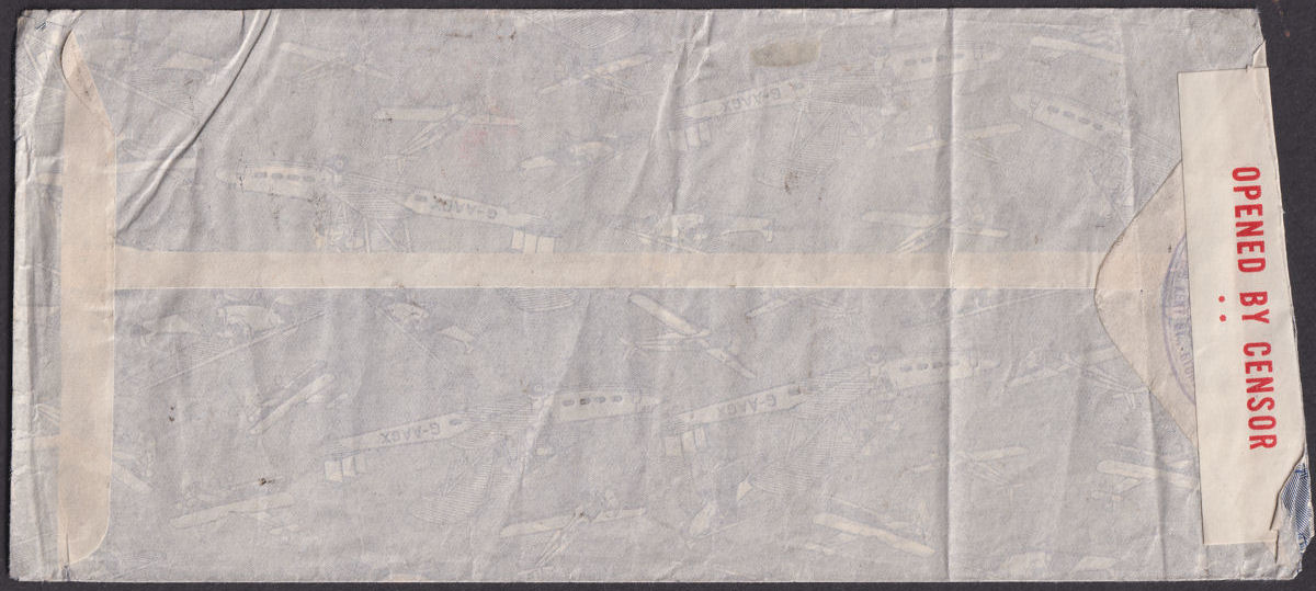 Australia 1940 KGVI 5sh, 5d x2 Used on Airmail Cover to UK with Censor Label