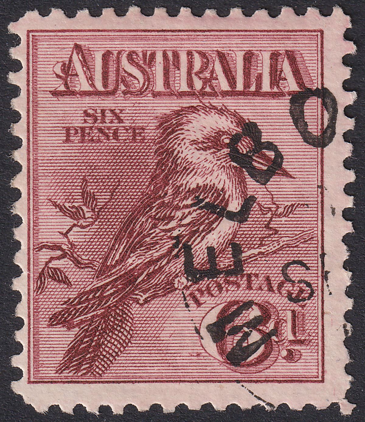 Australia 1914 KGV Kookaburra 6d Claret Used with SP 10 UPU CTO Cancel SG19