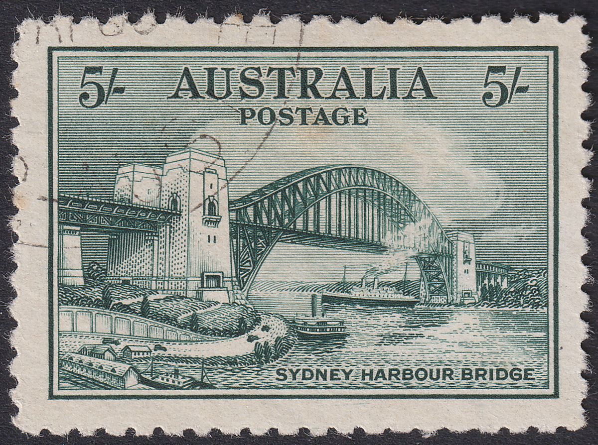Australia 1932 KGV Sydney Harbour Bridge 5sh Blue-Grn CTO Used SG143 c£225 tones