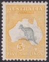 Click for more photos and details Australia 1913 KGV Roo 5sh Grey + Yellow wmk Wide Crown Mint SG13 cat £450 creas