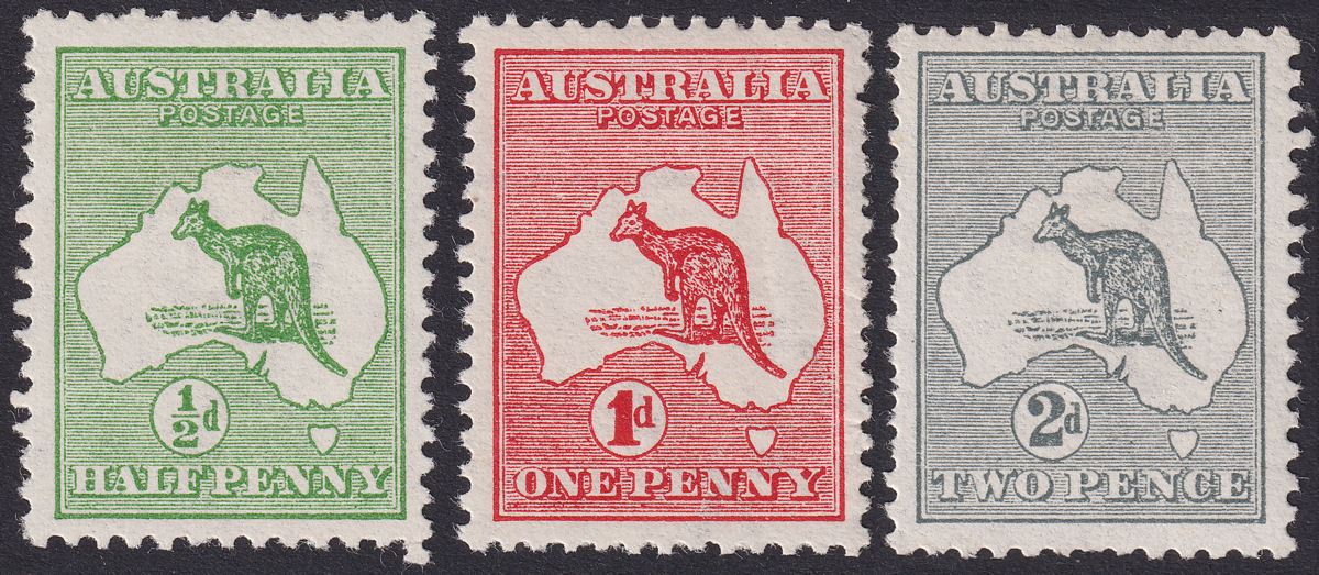 Australia 1913 KGV Roo ½d Green 1d Red 2d Grey wmk Wide Crown Mint SG1 SG2b SG3