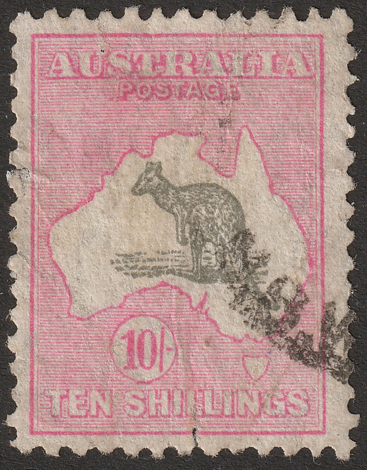 Australia 1932 KGV Roo 10sh Grey + Pink wmk CofA Used SG136 FAUTY SPACEFILLER