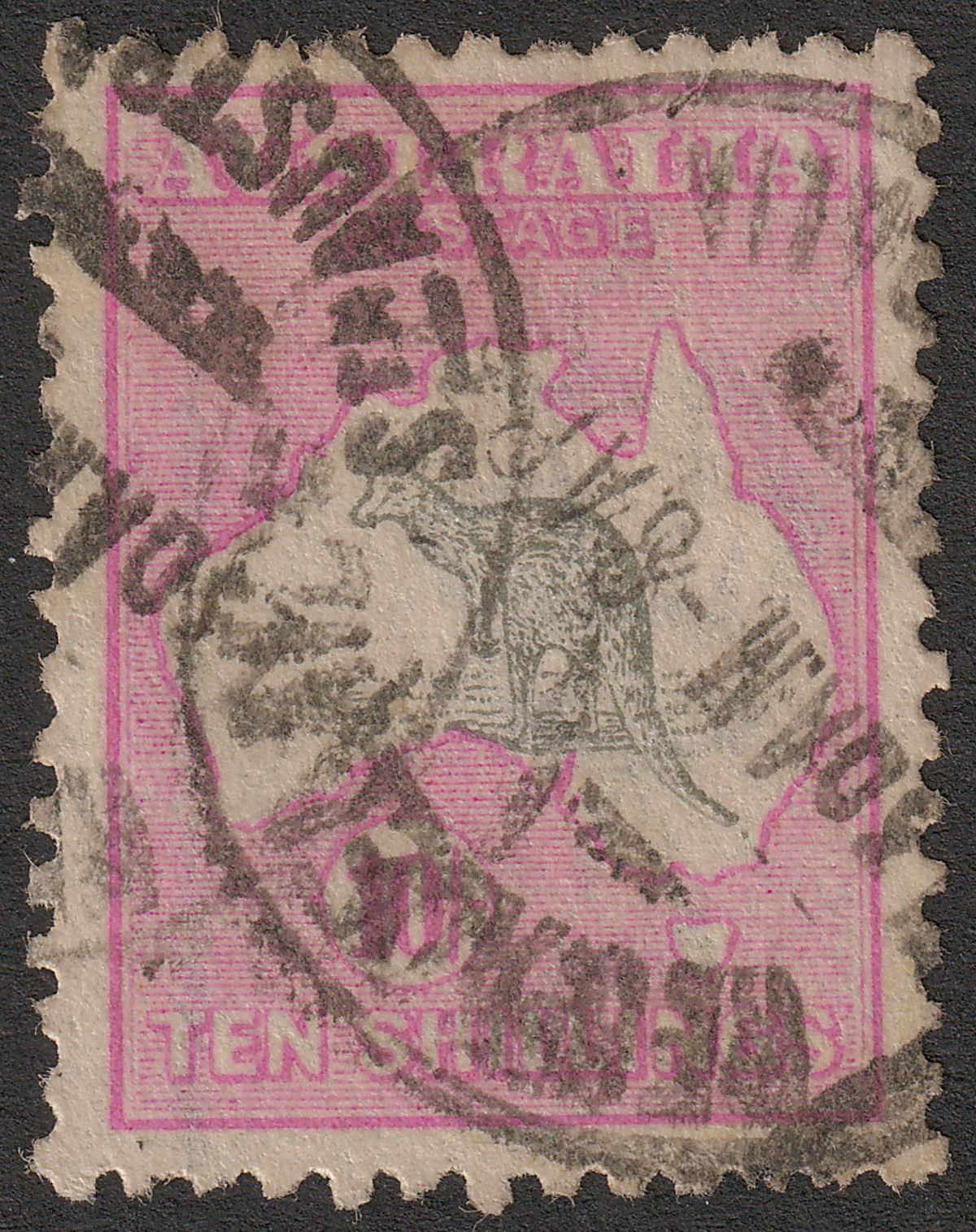 Australia 1918 KGV Roo 10sh Grey + Bright Aniline Pink Used SG43a cat £325