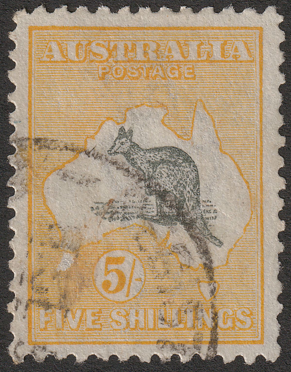 Australia 1918 KGV Roo 5sh Grey and Yellow wmk Narrow Crown Used SG42 surf fault