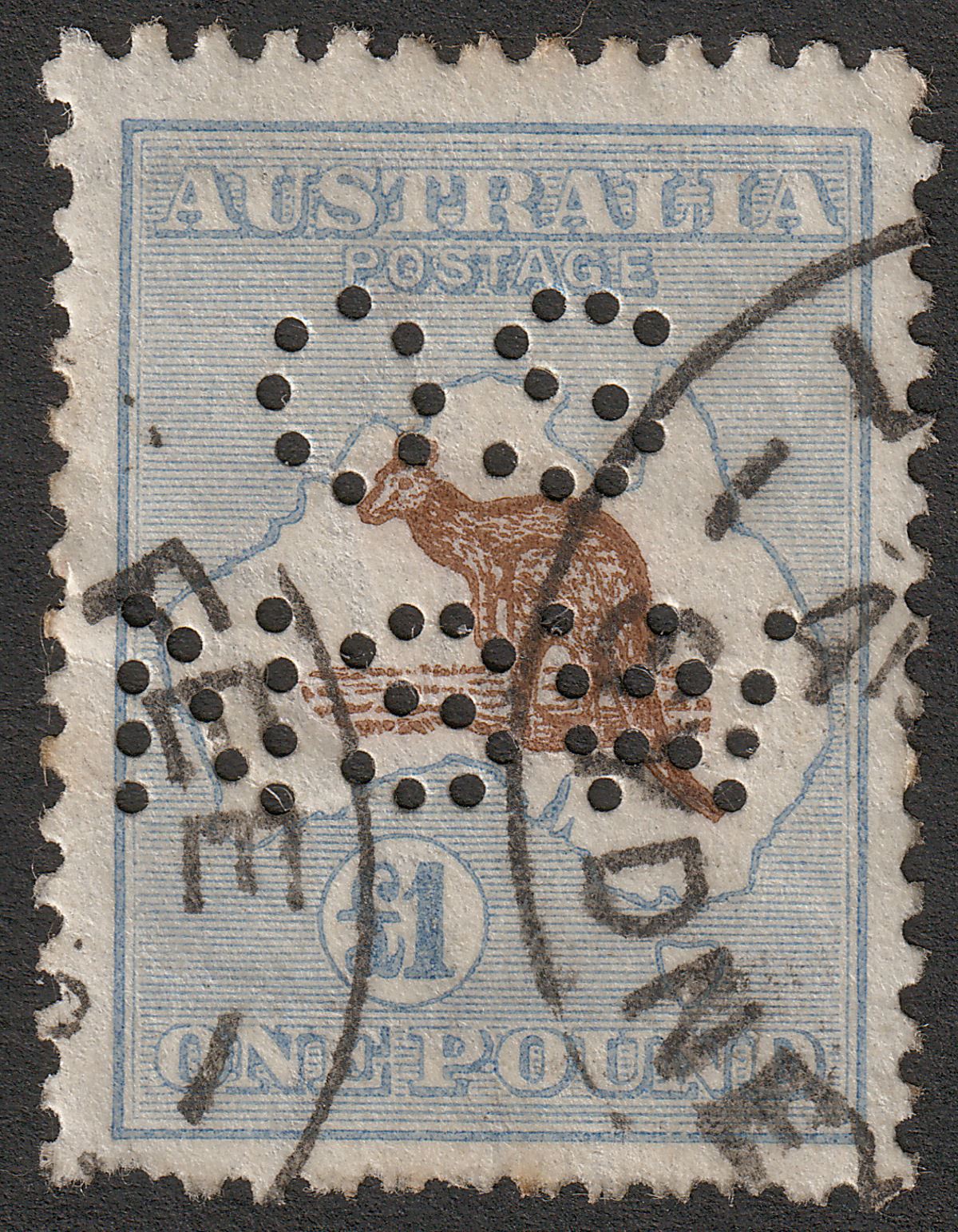 Australia 1916 KGV Roo £1 Chocolate + Dull Blue perf OS NSW Used SG44 cat £1600