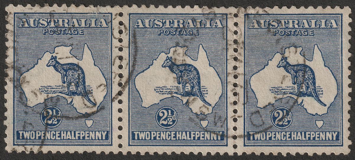 Australia 1915 KGV Roo 2½d Indigo wmk Pointed Crown strip of 3 Used SG25 cat £96