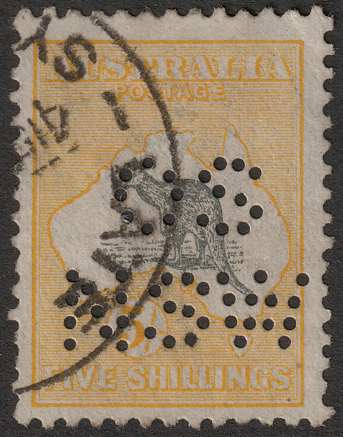 Australia 1918 KGV Roo 5sh Grey and Yellow perf OS NSW Used SG42 cat £110