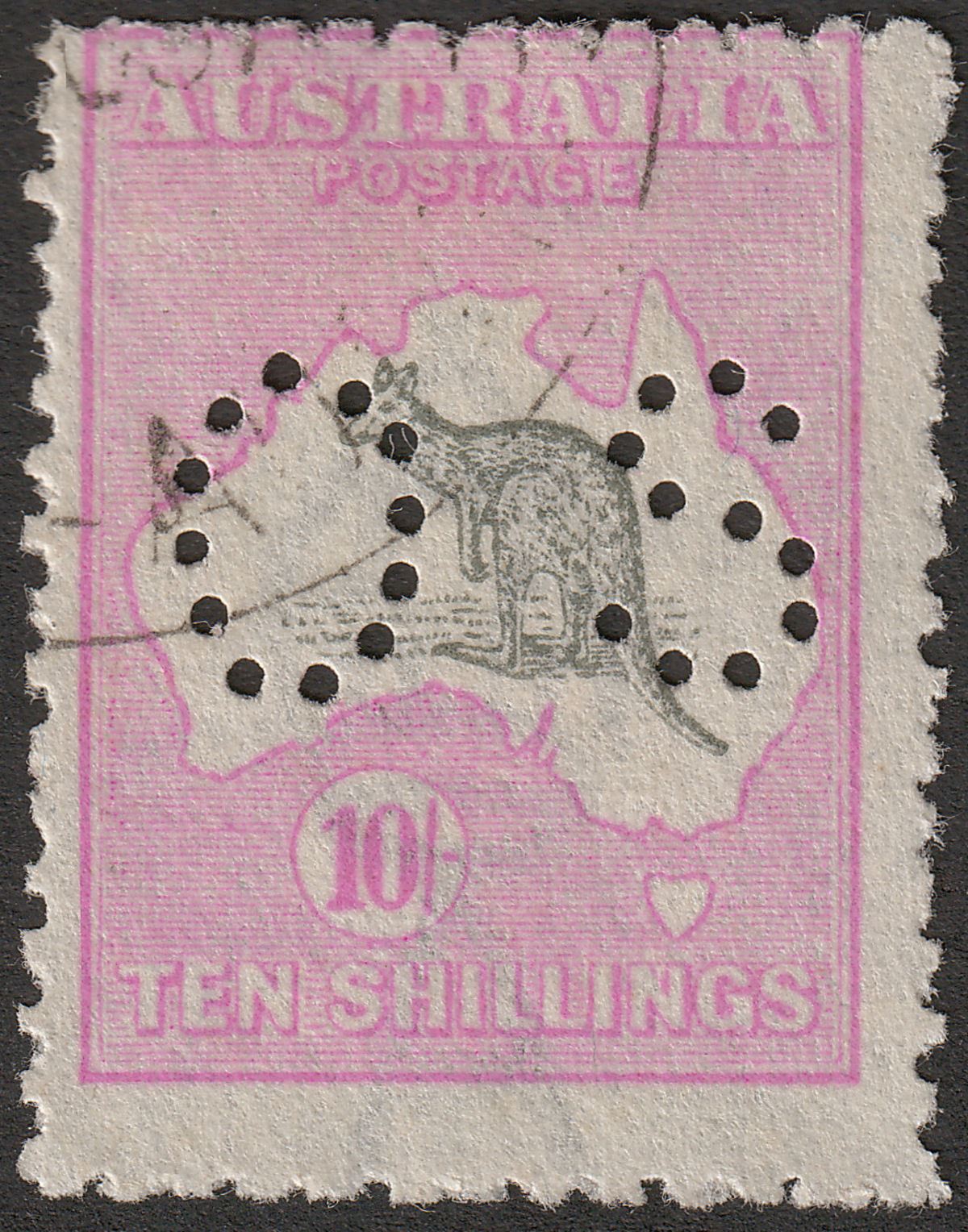 Australia 1918 KGV Roo 10sh Grey + Pink perf OS CTO Used SG O51 cat £75