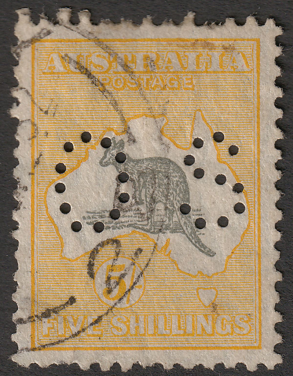 Australia 1929 KGV Roo 5sh Grey and Yellow Perf OS CTO Used SG O118 cat £45